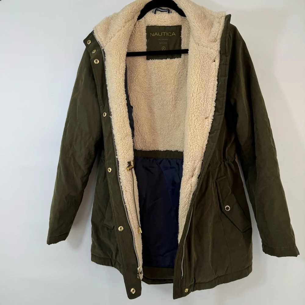 NAUTICA Olive Green Water Resistant Parka Jacket Size S Utility, Minimalist